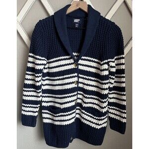 Lands’ End Women’s M/P 10-12 Chunky Knit Cardigan Sweater Heavyweight Navy/White